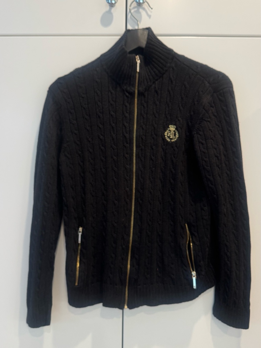 Ralph Lauren Black Cable-Knit Zip Sweater with Gold Accents